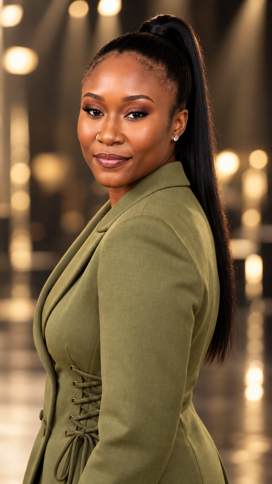 AI influencer in an olive tailored jacket with a high ponytail against warm golden lighting
