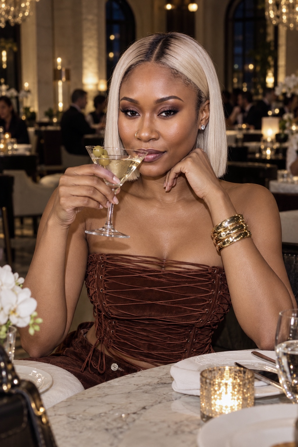 AI influencer in a brown evening dress at a restaurant