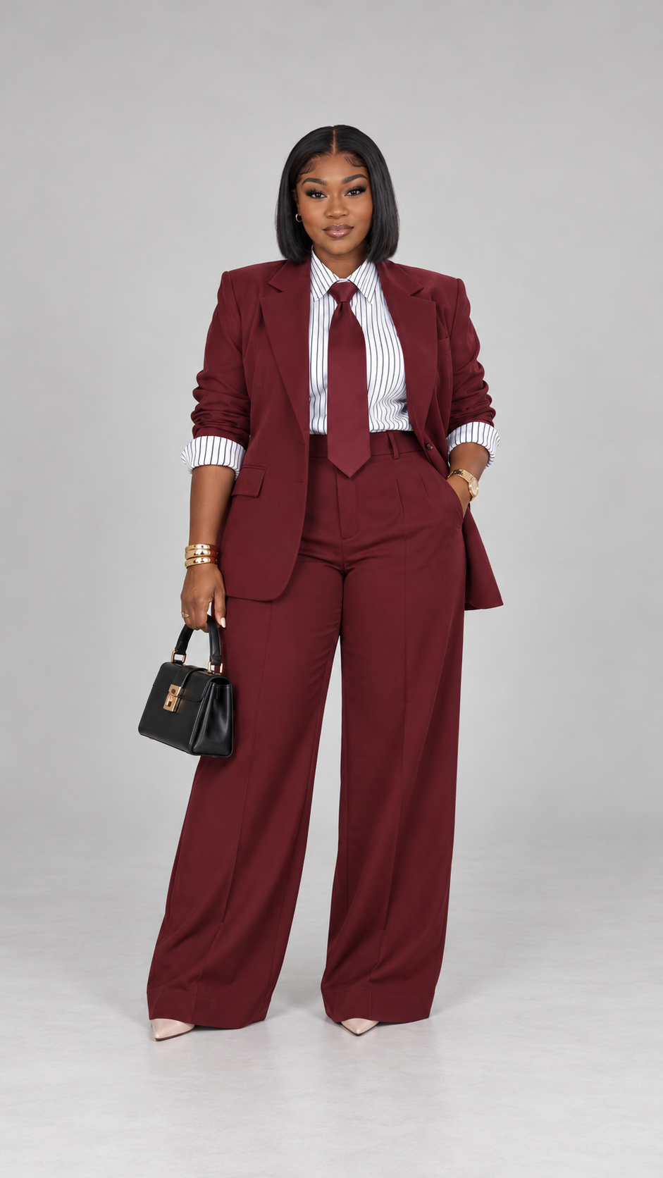 Burgundy tailored trouser suit styled with a striped shirt and matching tie