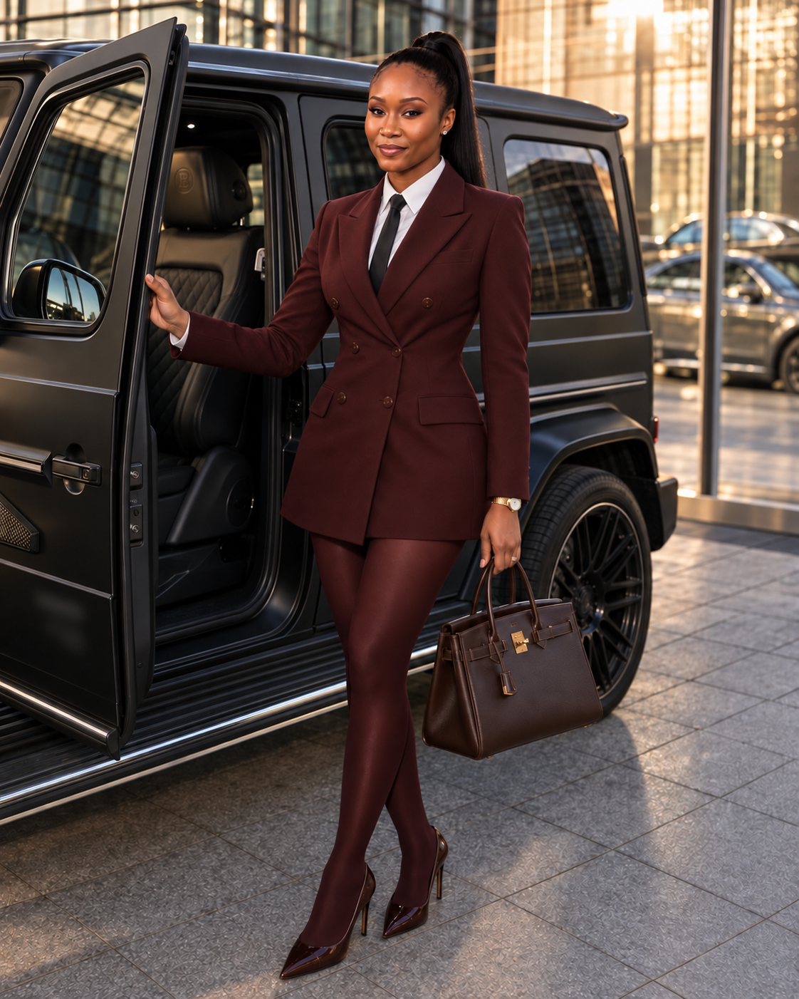 AI influencer in a burgundy suit beside a black SUV