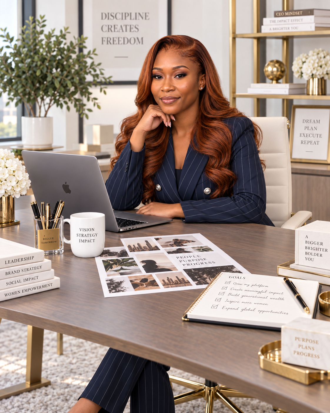 AI influencer in a navy pinstripe suit planning content at a desk