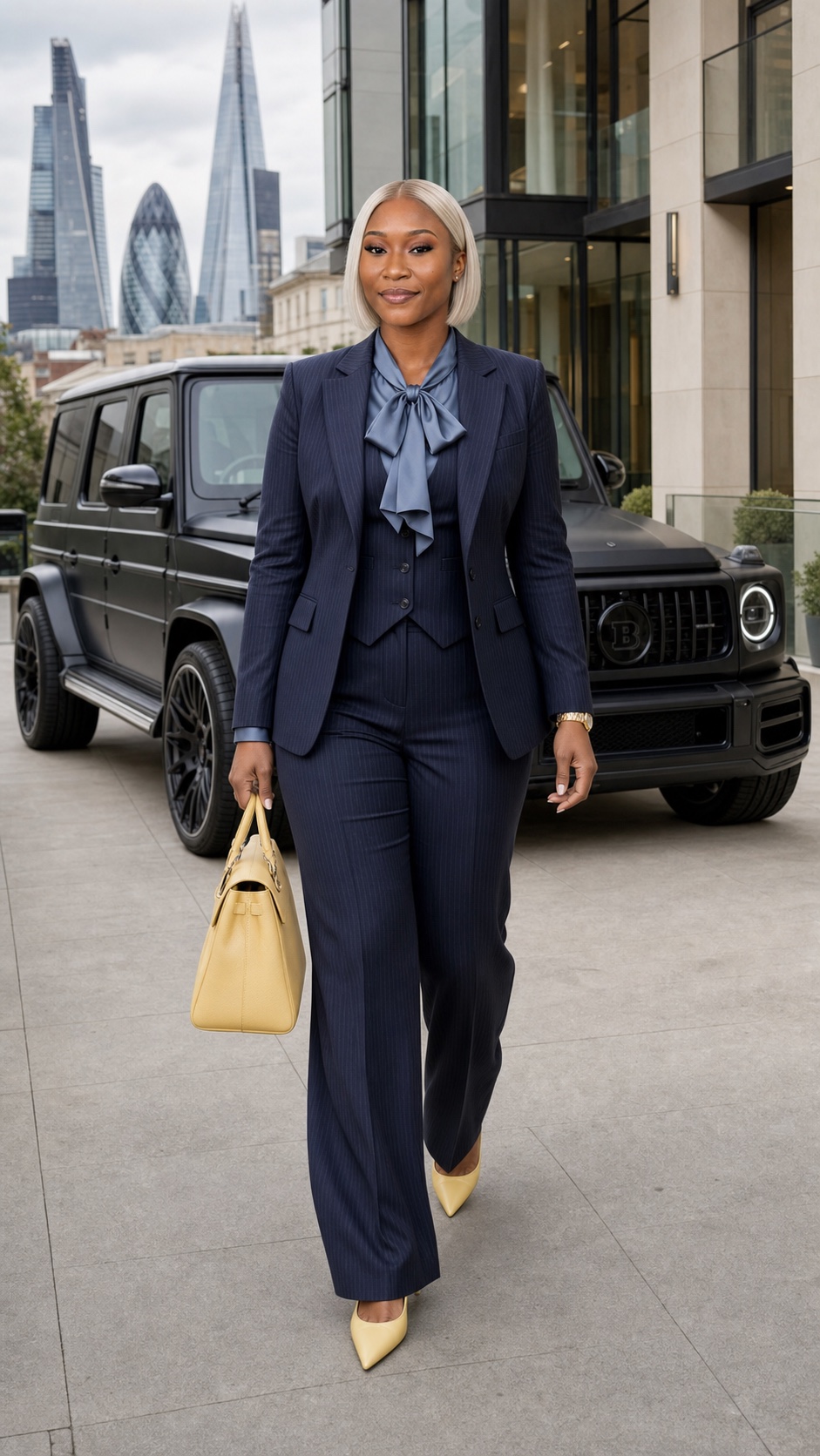 AI influencer in a tailored navy suit for a campaign